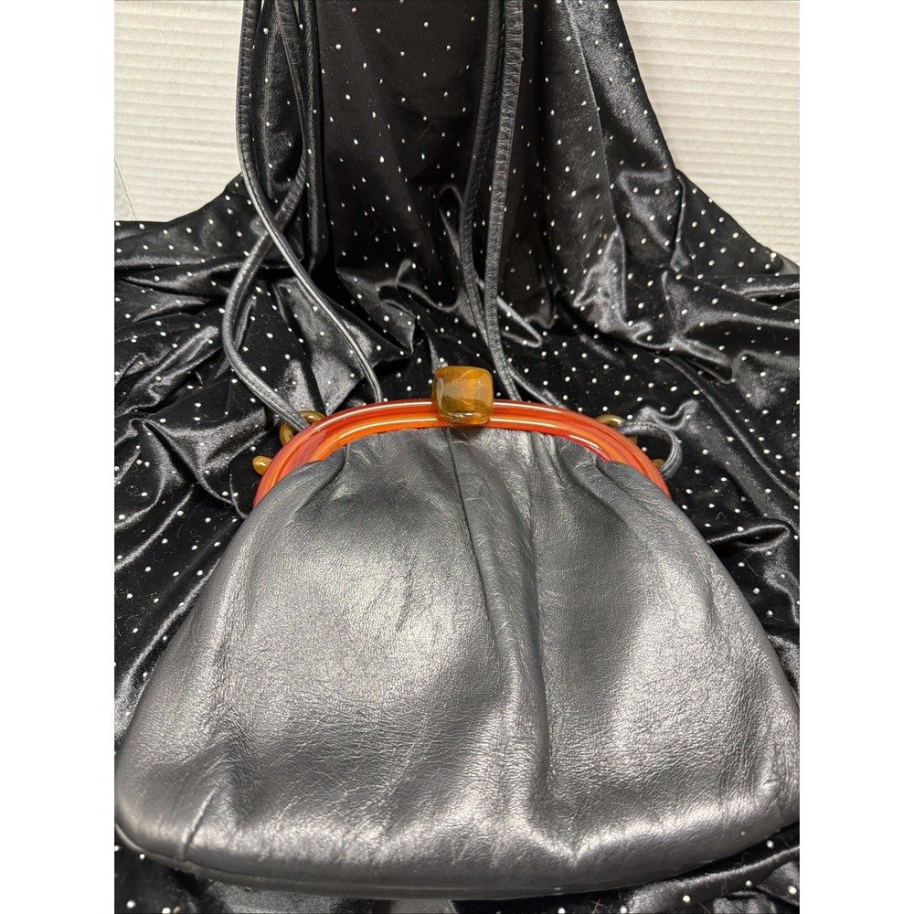 Vintage Ande' Leather Black Bakelite Snap Closure Purse Bag Silk Lining 1960s - Picture 2 of 16
